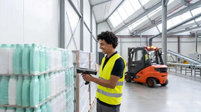 Opérateur logistique scannant des palettes de gels douche MDD dans une usine au Maroc