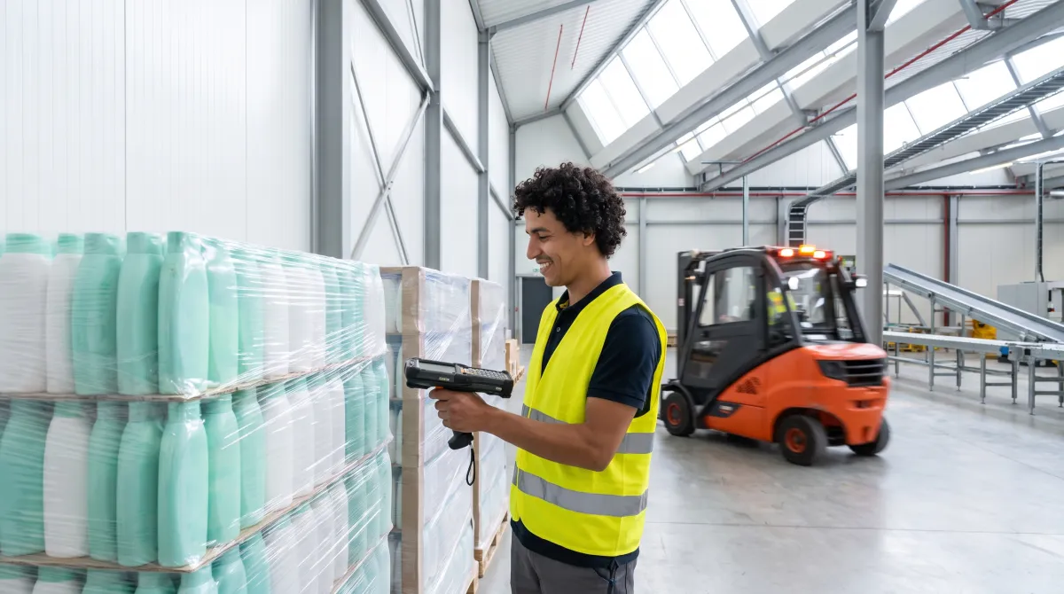 Opérateur logistique scannant des palettes de gels douche MDD dans une usine au Maroc