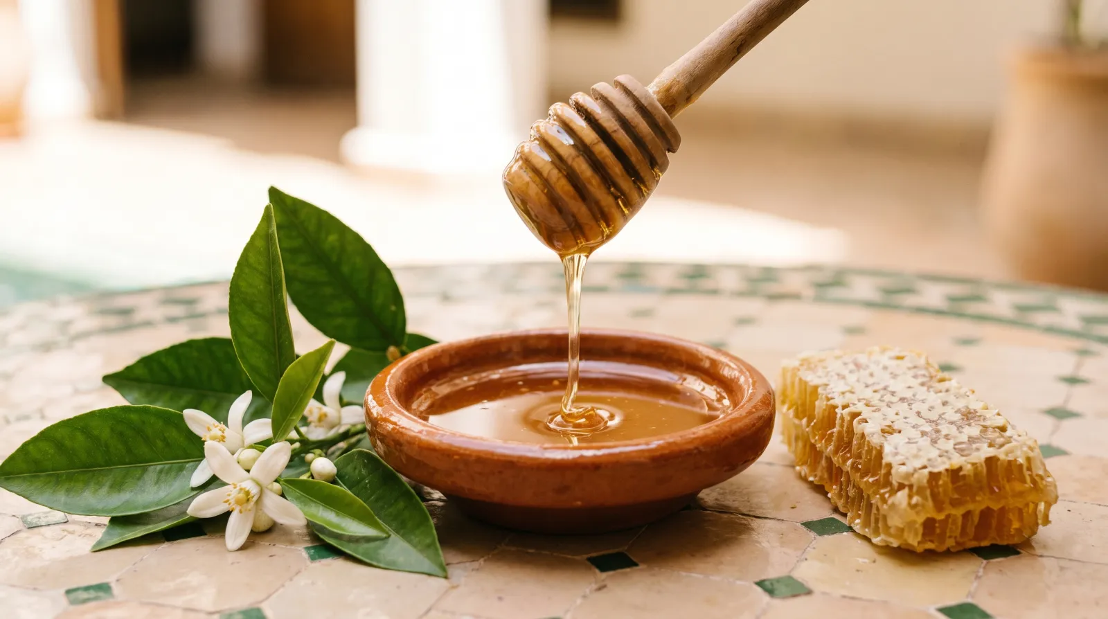 Miel d'oranger doré coulant d'une cuillère en bois, rayon de cire et fleurs d'oranger blanches sur une table marocaine