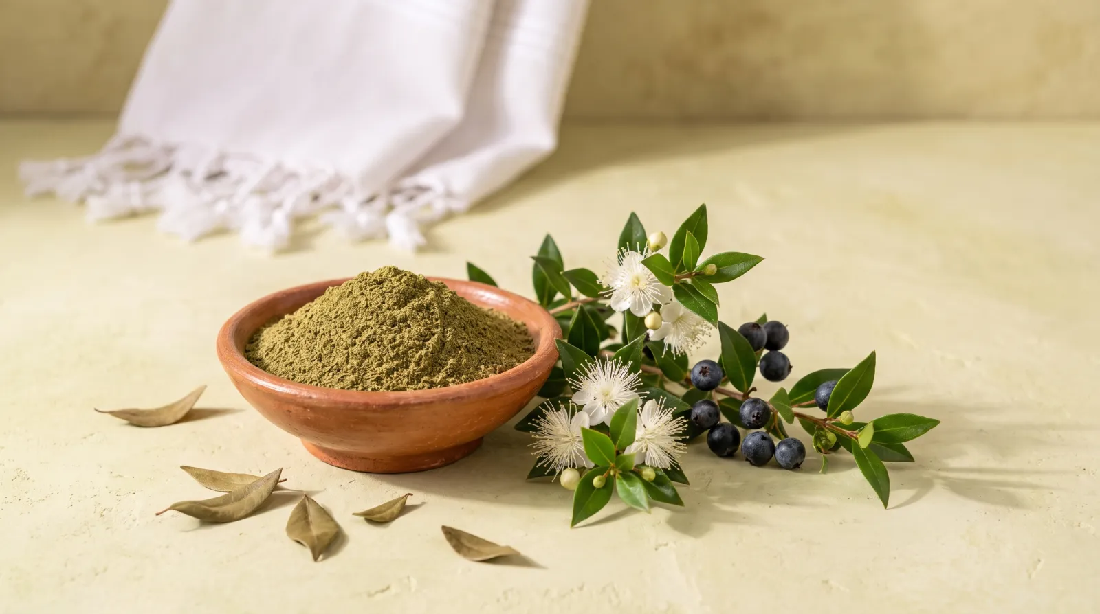 Rameaux de myrte aux petites feuilles vert sombre et baies bleu-noir, à côté d'un bol de poudre de feuilles utilisée dans les soins au myrte pour les cheveux