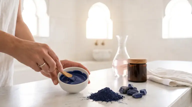 Poudre de nila bleu nuit dans un bol en céramique, pierres d'indigo brut et mains qui mélangent un masque bleu