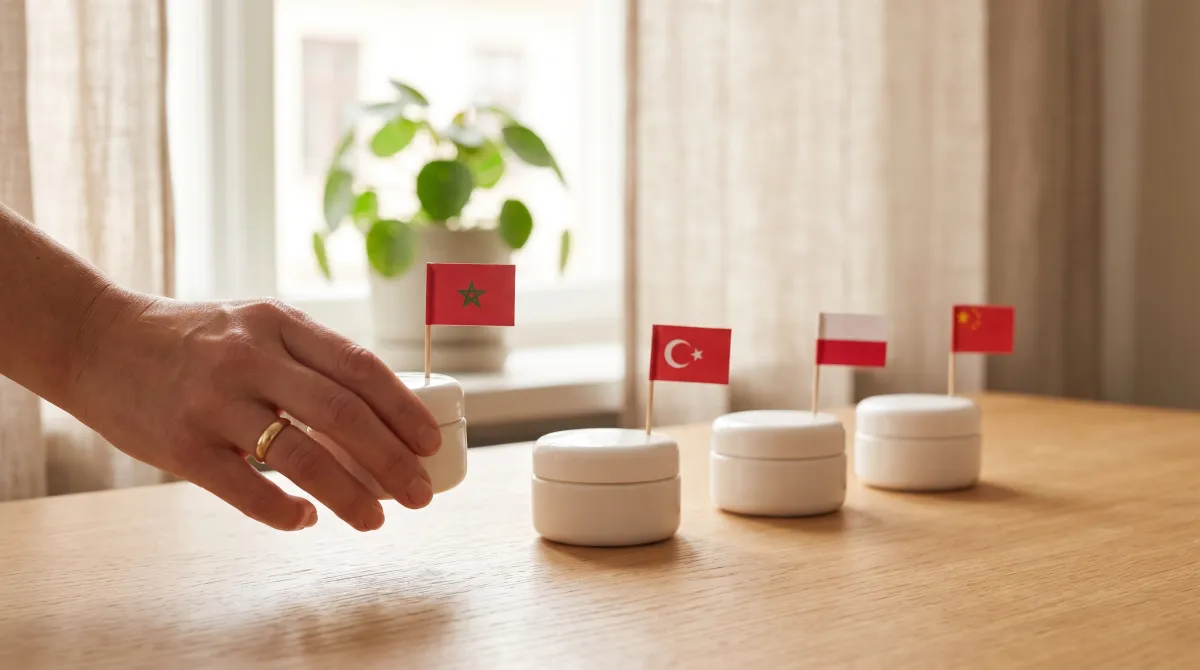 Main choisissant le pot de crème placé devant le drapeau du Maroc, à côté de ceux de la Turquie, de la Pologne et de la Chine
