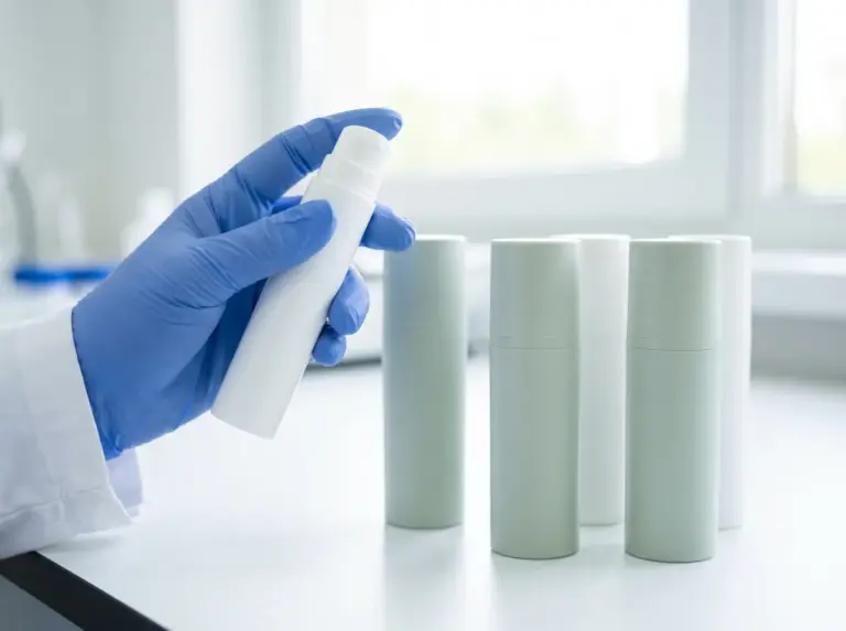 Gloved hand holding a white airless serum bottle in a laboratory