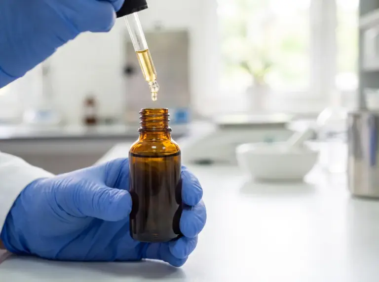 Gloved hand holding an amber glass dropper bottle with a drop of oil