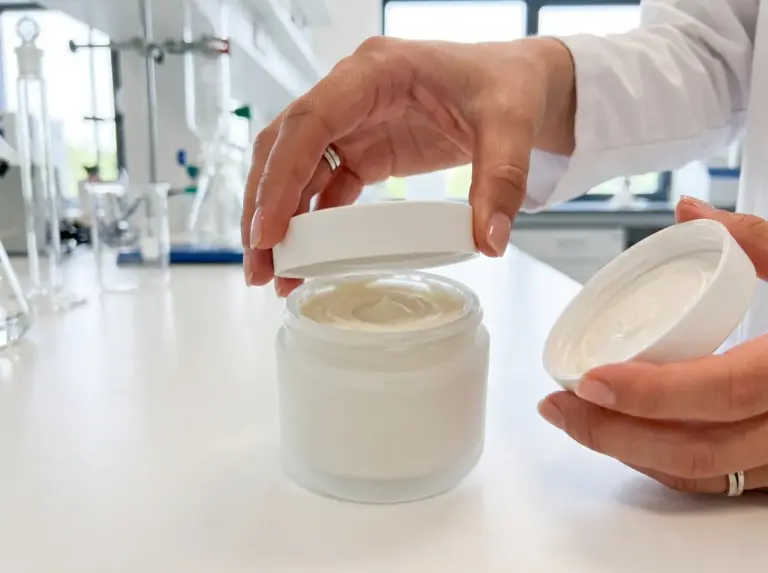 Hands opening a white cosmetic jar filled with body butter