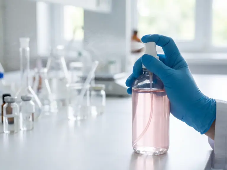 Gloved hand holding a glass spray bottle filled with rose water