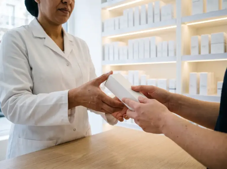 Parapharmacy pharmacist handing a serum box to a customer
