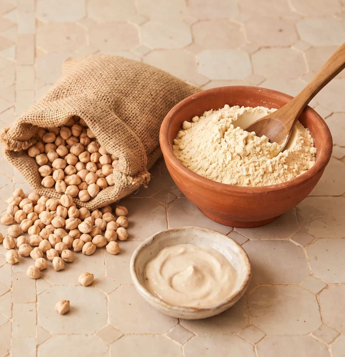 Farine de pois chiche pour le visage : poudre blonde et pois chiches secs dans un bol en terre cuite