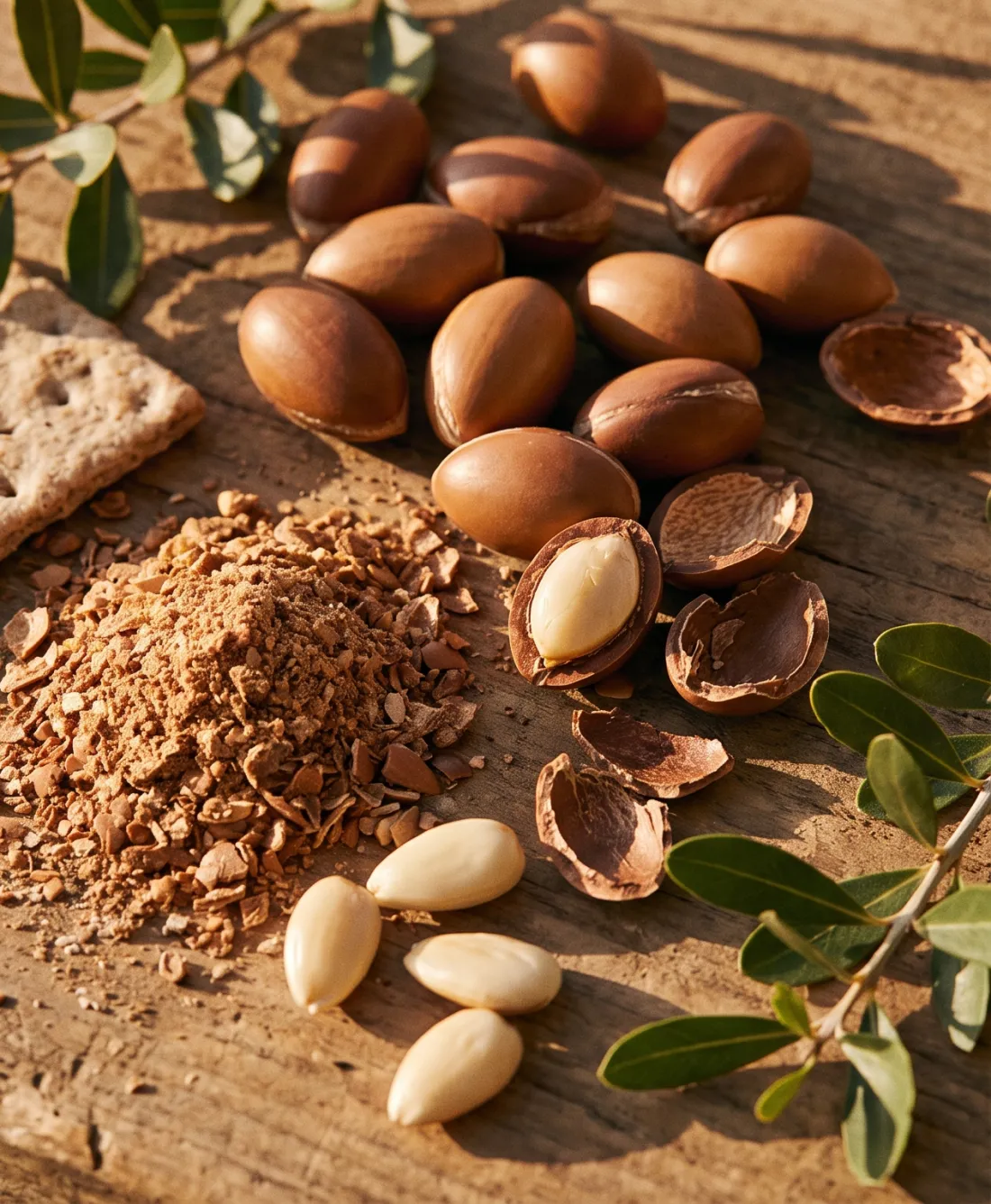 Noix d'argan entières et cassées avec un tas de poudre de coque d'argan sur une pierre plate