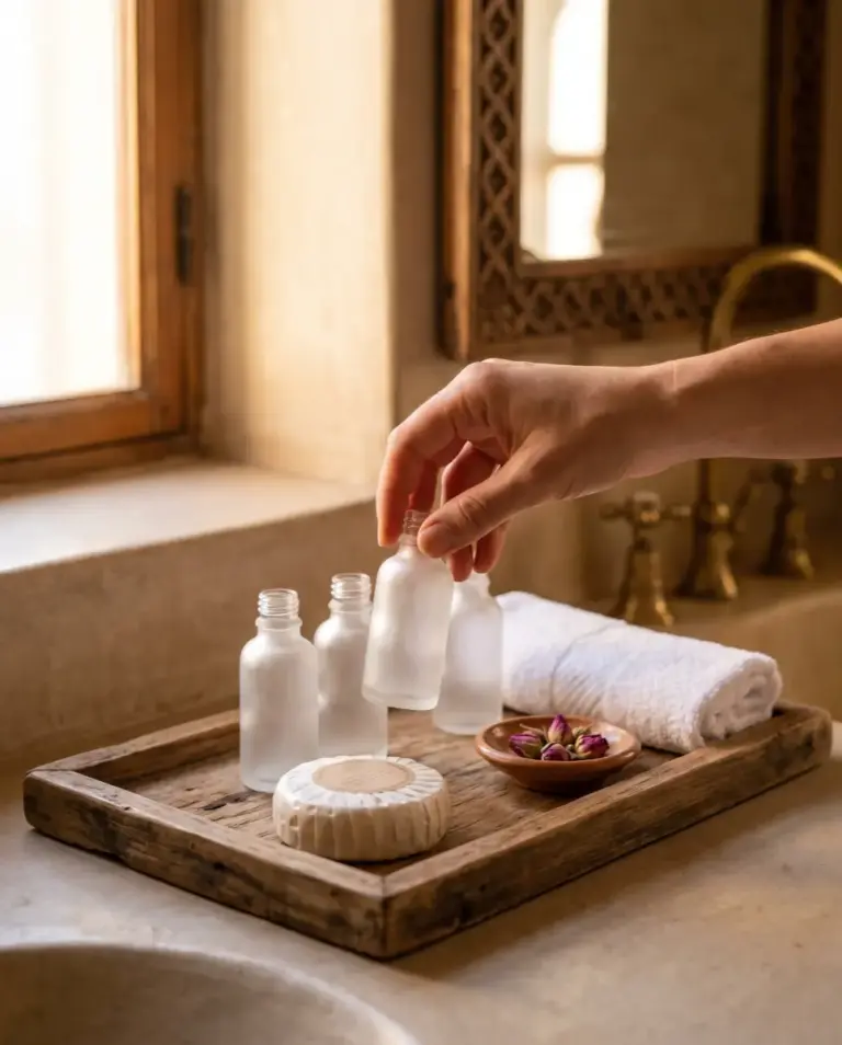 Guest's hand picking up a custom-branded amenity bottle in a riad bathroom in Marrakech