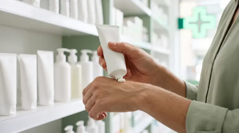 Application d'un produit dermocosmétique sur le dos de la main dans une pharmacie européenne