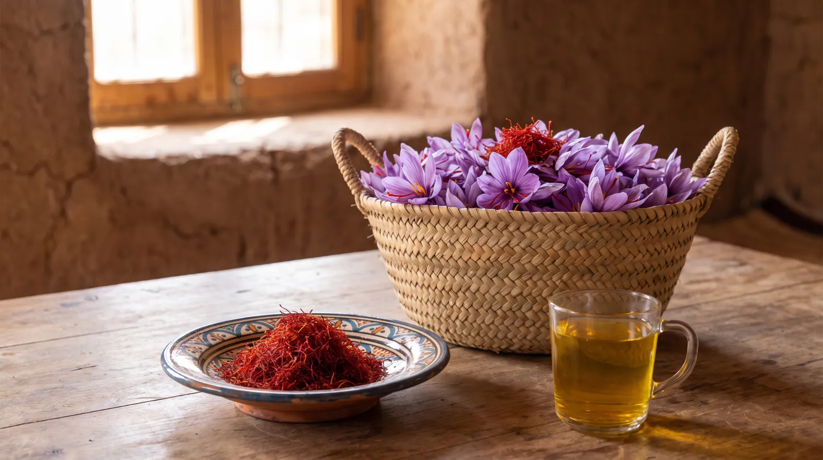 Safran peau et visage : fleurs de crocus violettes, filaments rouges séchés et infusion dorée sur une table marocaine
