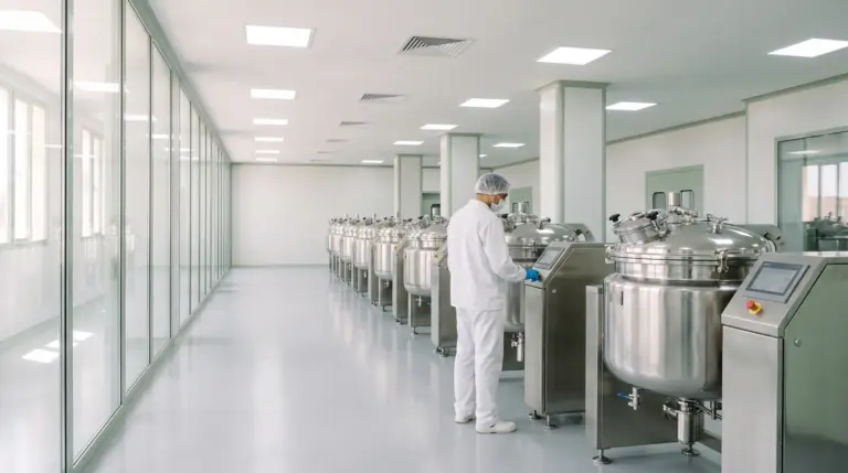 Salle de fabrication cosmétique avec une rangée de mélangeurs en inox et un opérateur en tenue blanche
