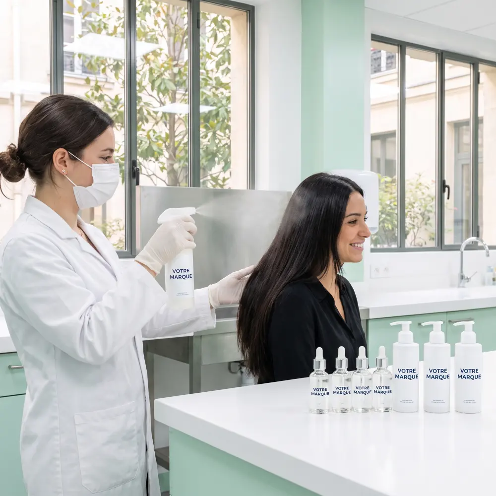 Technicienne vaporisant un spray capillaire VOTRE MARQUE sur les cheveux d'une modèle au laboratoire