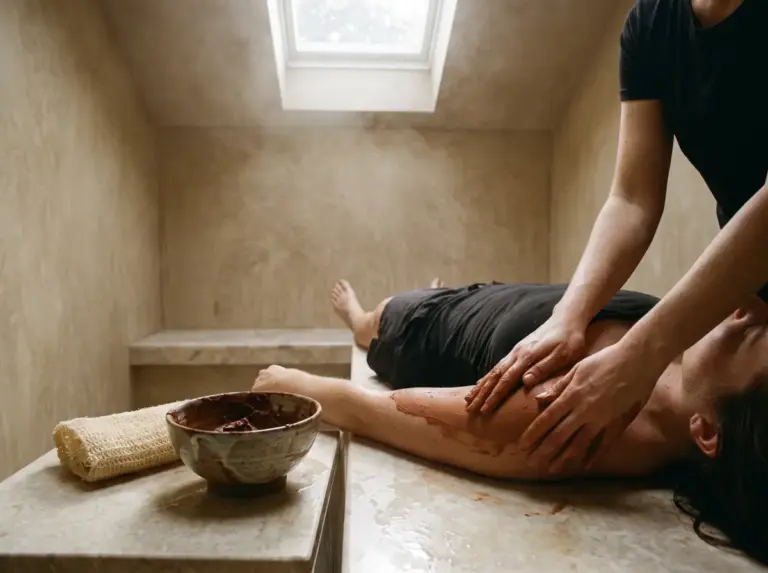 Therapist's hands applying ghassoul to a client's shoulder in a hammam