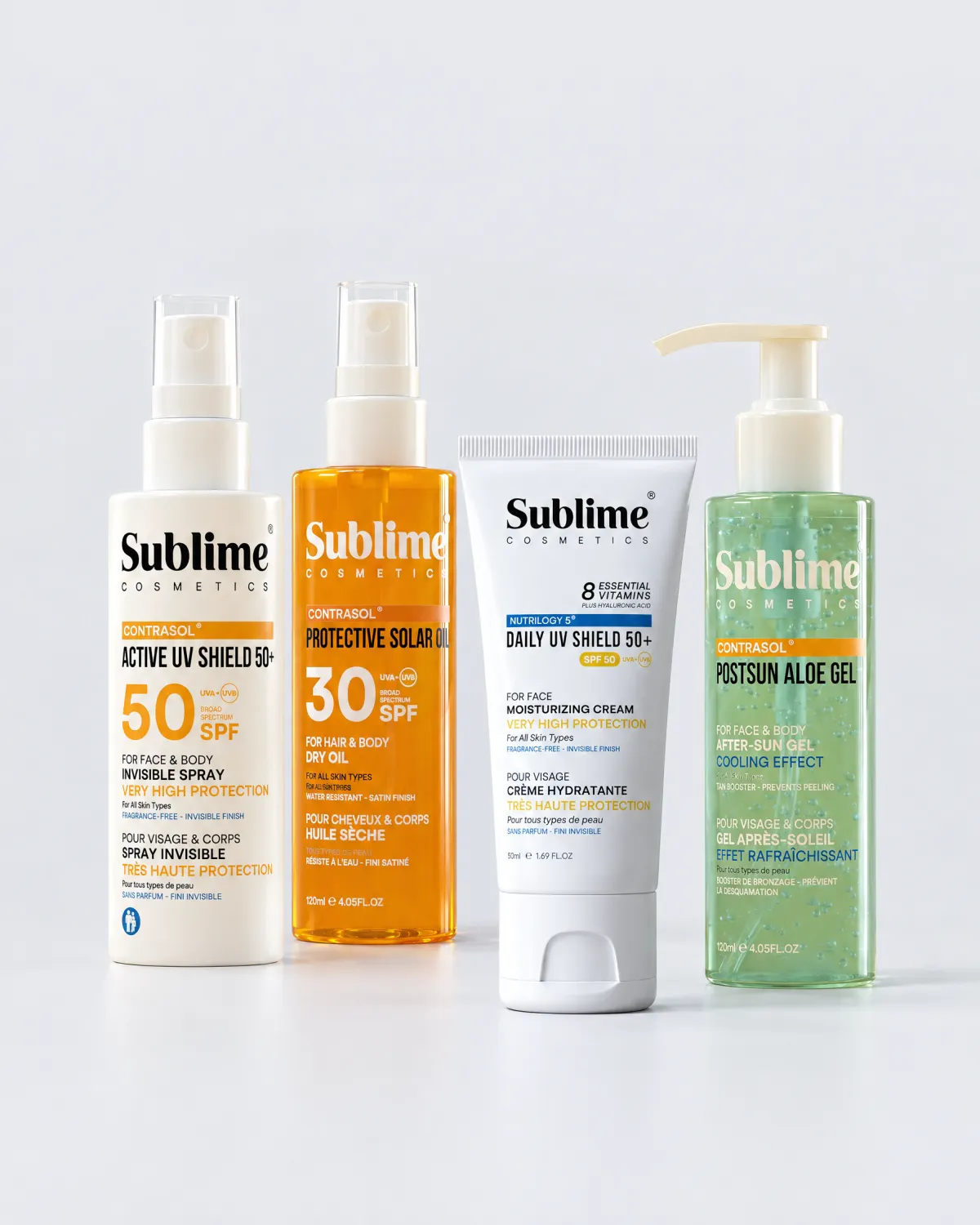 sublime contrasol sun care spf50 | Carmel Cosmetics Labs Contrasol Active UV Shield 50+, Protective Solar Oil SPF 30, Daily UV Shield 50+ et Postsun Aloe Gel sur un fond de studio gris clair