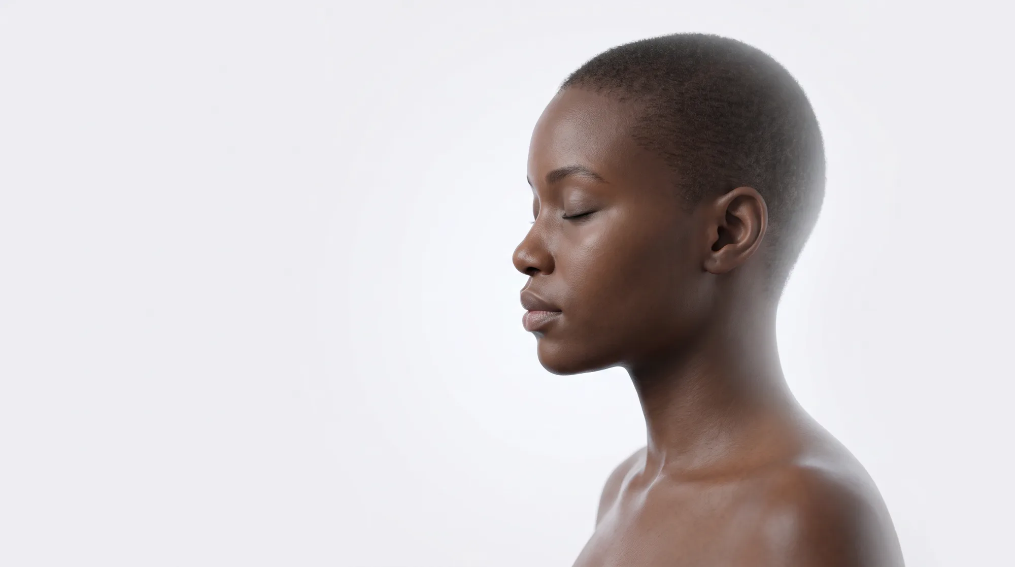 Portrait de profil d'une femme à la peau brun foncé, les yeux fermés, sur un fond blanc clinique