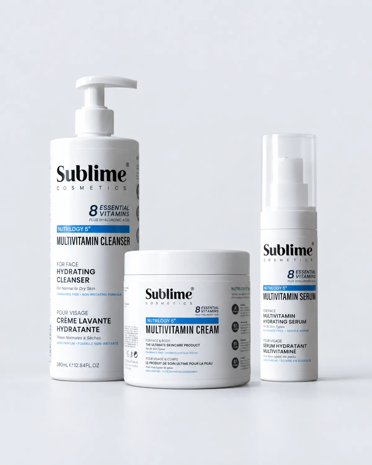 sublime nutrilogy 5 multivitamin cleanser cream serum | Carmel Cosmetics Labs Nutrilogy 5 Multivitamin Cleanser, Multivitamin Cream et Multivitamin Serum sur un fond de studio gris clair