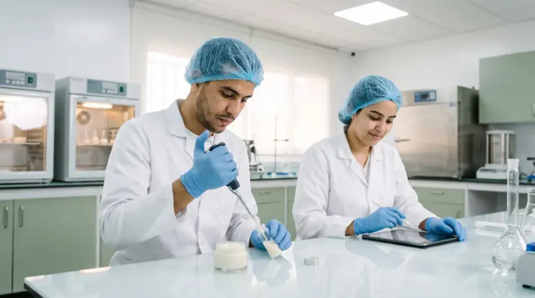 Deux techniciens en contrôle qualité dans un laboratoire cosmétique