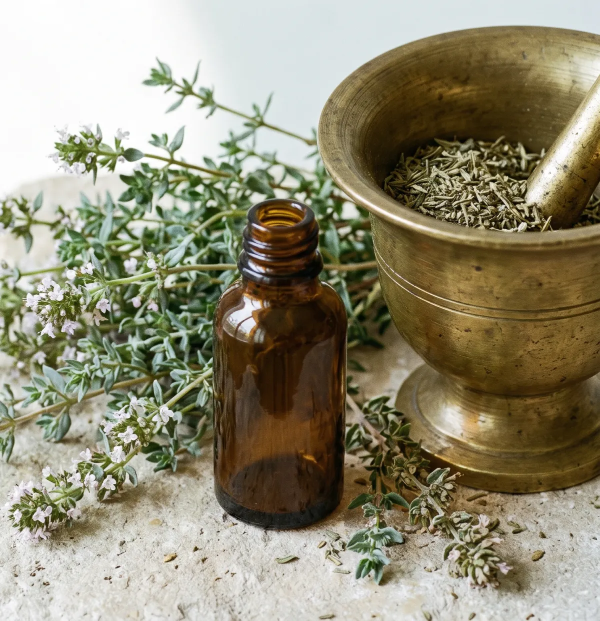 Brins de thym frais et séché à côté d'un flacon d'huile essentielle de thym en verre ambré