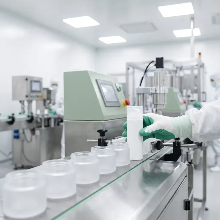 Línea de llenado de la fábrica de cosméticos de Carmel Cosmetics Labs en Aït Melloul, Marruecos