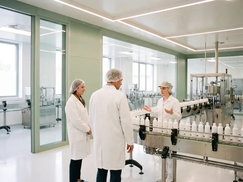 Une cliente en visite à l'usine Carmel Cosmetics Labs d'Aït Melloul, devant la ligne de remplissage